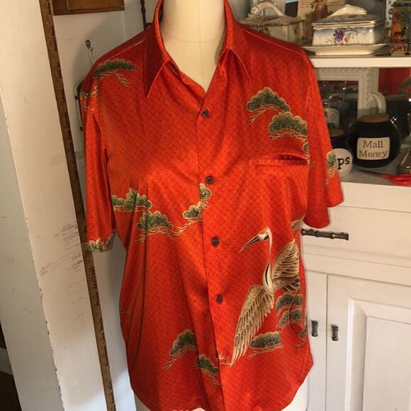 Vintage 1970s Hawaiian 🌺 made Aloha Shirt w/majestic Swan 🦢 in poppy orange - Picture 3 of 12